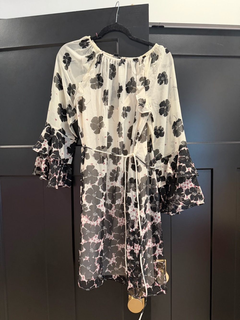Ann Taylor Black and White Floral Tie-Waist Dress